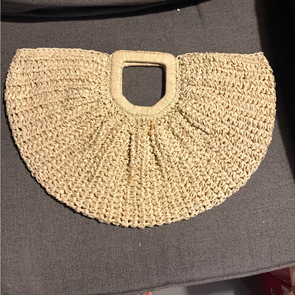 Woven Straw Half-Moon Tote Bag in Cream